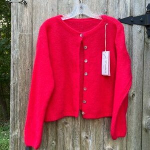 Red Wool Cardigan Sweater. One Size